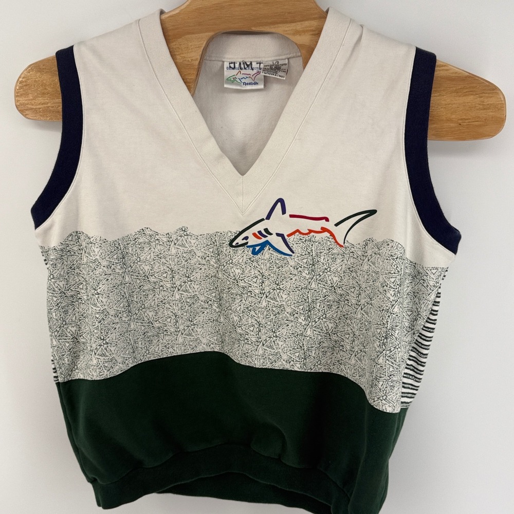 Reebok Greg Norman Shark Sweatshirt Vest White Green Large Vintage